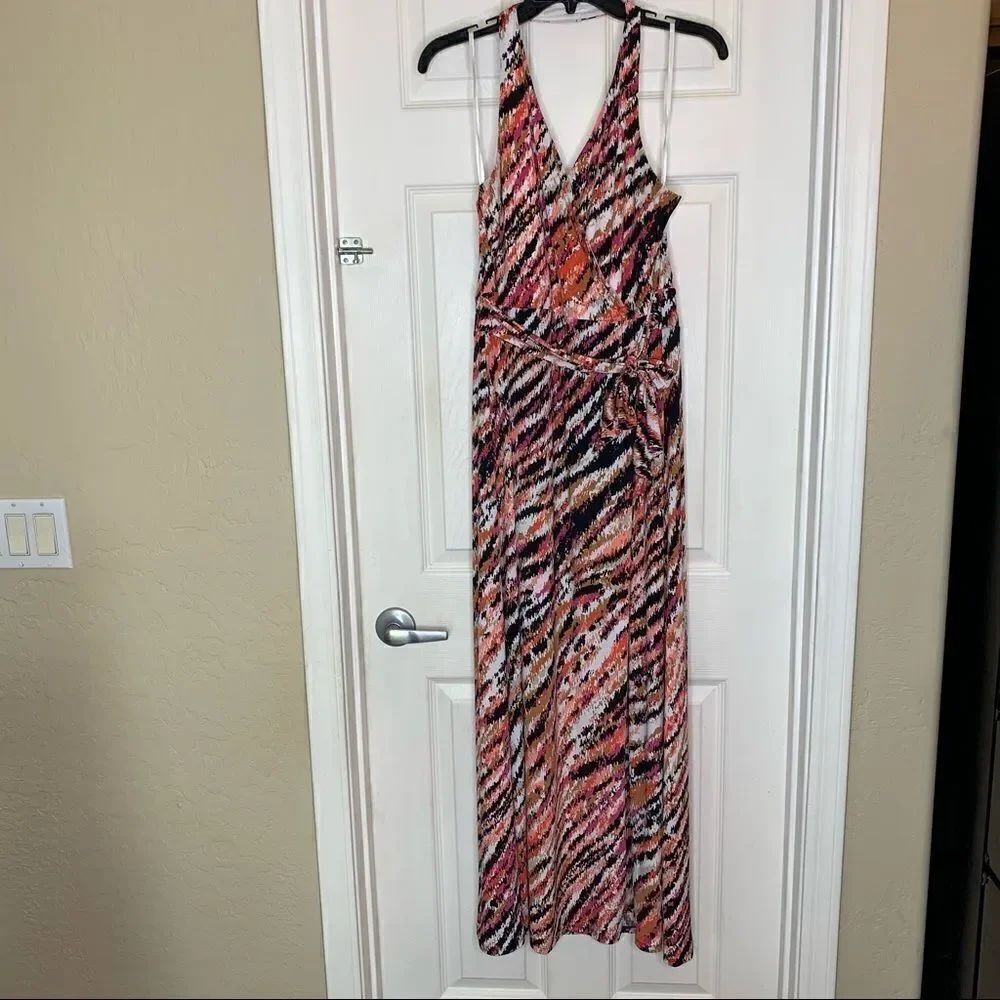 Lane Bryant Mutli-Colored Halter Maxi Dress Size 14/16 Tie Front Sash